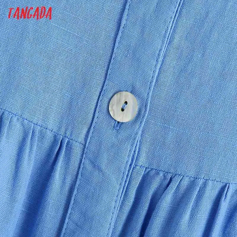 Verano mujer estilo francés camisa azul manga corta señoras Midi vestido Vestidos BE570 210416
