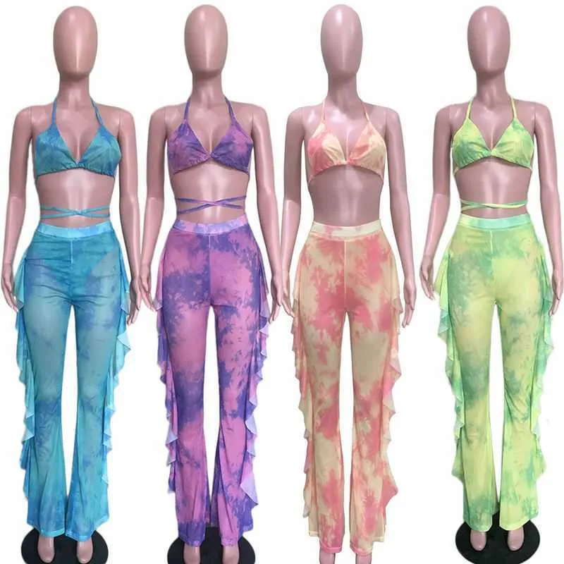 Women's Tracksuits HAOYUAN Mesh Sheer Beach Two Piece Set with Panties Women Sexy Bra Crop Top and Pant Swimwear Club Outfits Matching Sets P230320