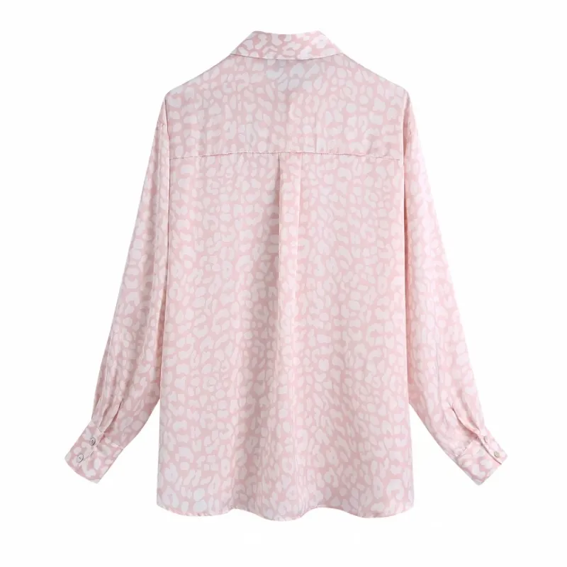 Women Leopard Print Long Sleeve Pink Shirt Female Turndown Collar Blouse Casual Lady Loose Tops Blusas S8732 210430