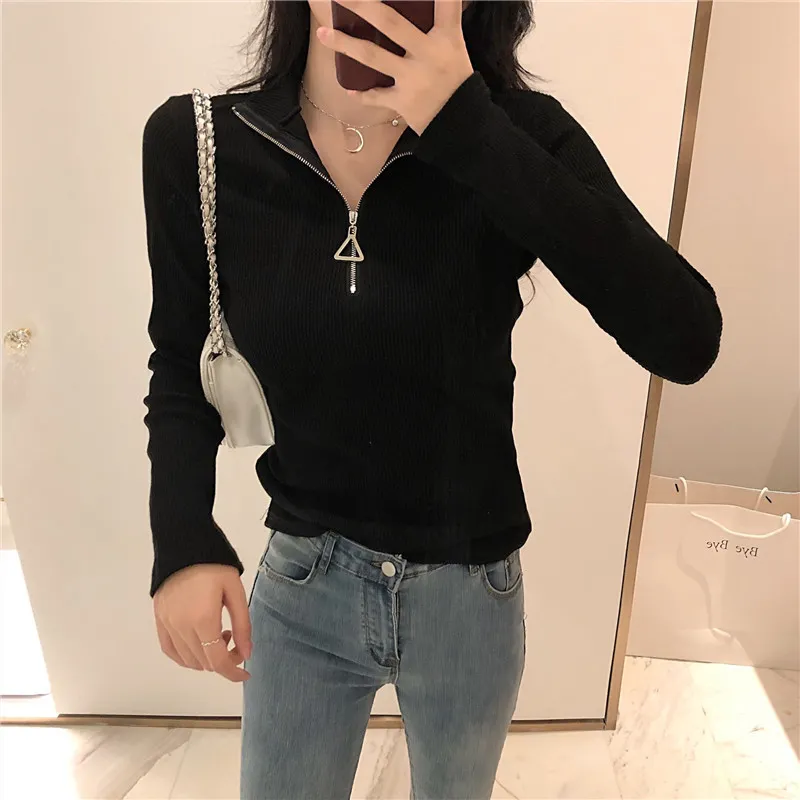 Hong Kong Style Turtleneck Kvinnor Höst Vinter Koreansk Fashion Långärmad Sweater Zipper Stickade Pullover Tröjor 11043 210417