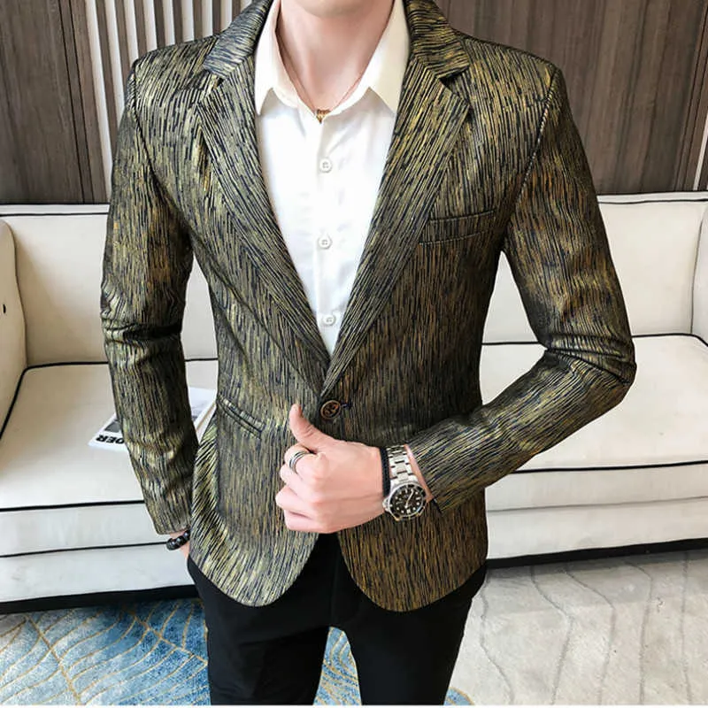 Printemps Lumineux Rayé Hommes Blazers De Luxe D'or Costumes Veste Seul Bouton Casual Mariage D'affaires Manteaux Blazer Masculino 210527