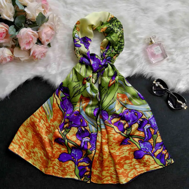 100% foulard en soie naturelle femmes peinture à l'huile de Van Gogh iris longues écharpes et châles doux Wrap Foulard Bandana cadeau pour dame