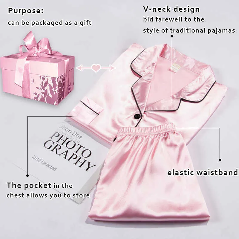 봄 여름 여성 가짜 실크 잠옷 세트 간단한 순수한 컬러 레저 나이트 워터 짧은 소매 실키 잠옷 210809