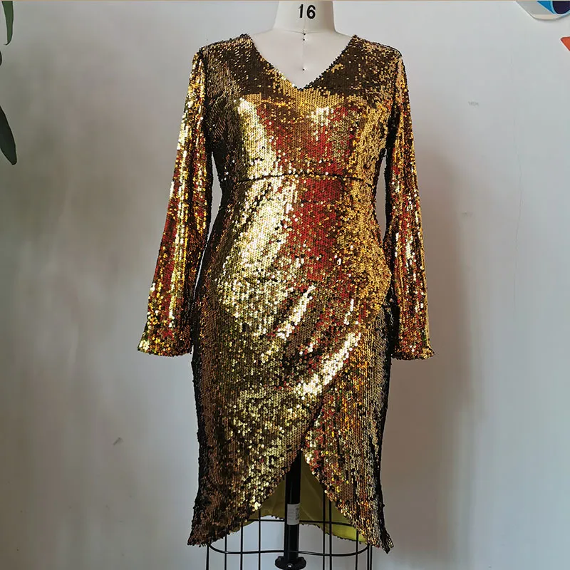 Abito con paillettes Abiti longuette di moda sexy da donna Golden Party Night Club African Ladies con scollo a V manica lunga Plus Size 2021 Primavera X0521