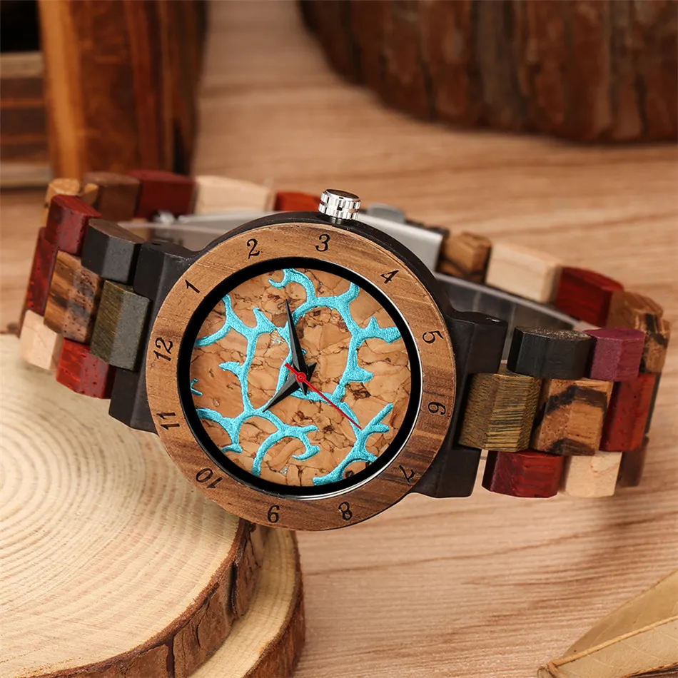 Full Wood Women Bracelet Blue Lava Dial Blandad Färg Träklocka Band Trend Lady Quartz Armbandsur Kvinna Timepiece