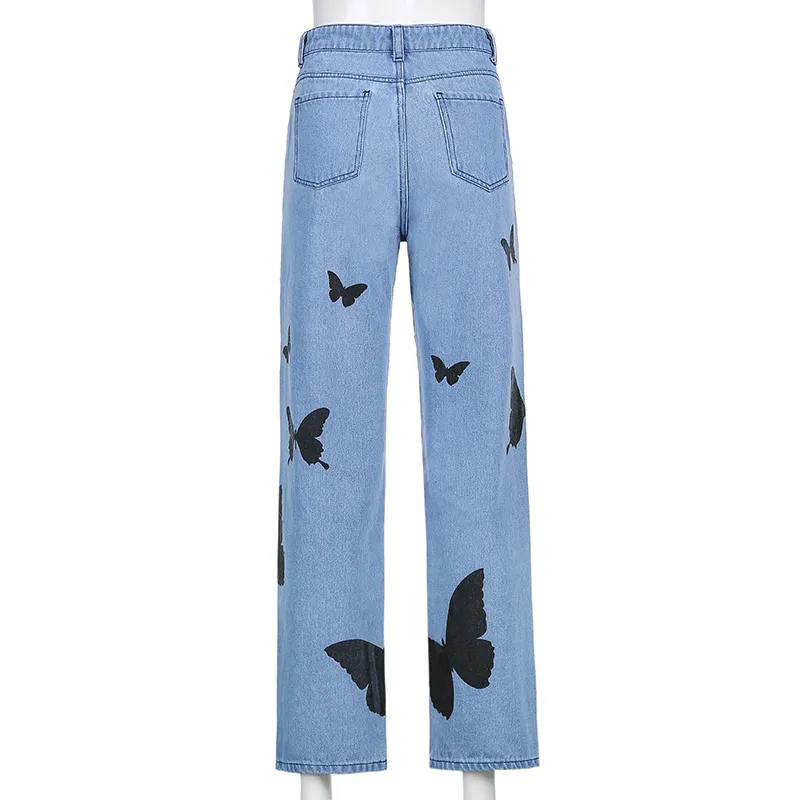 Butterfly Print Straight Blue Denim Pants For Women Y2K Jeans For Girls Female Fashion High Waist Trouser Capris Streetwear 210415