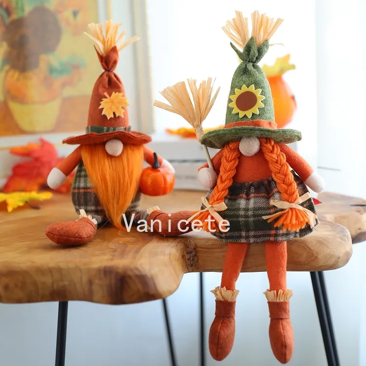 Halloween Party Décoration épouvantail chapeau longues jambes avec balai nain poupée créative poupée sans visage ornements de table T2I52392