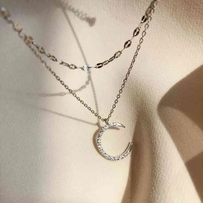 S925 الفضة الاسترليني القمر قلادة مزدوجة المرأة الترقوة سلسلة لامعة الماس الأزياء jewely الملحقات
