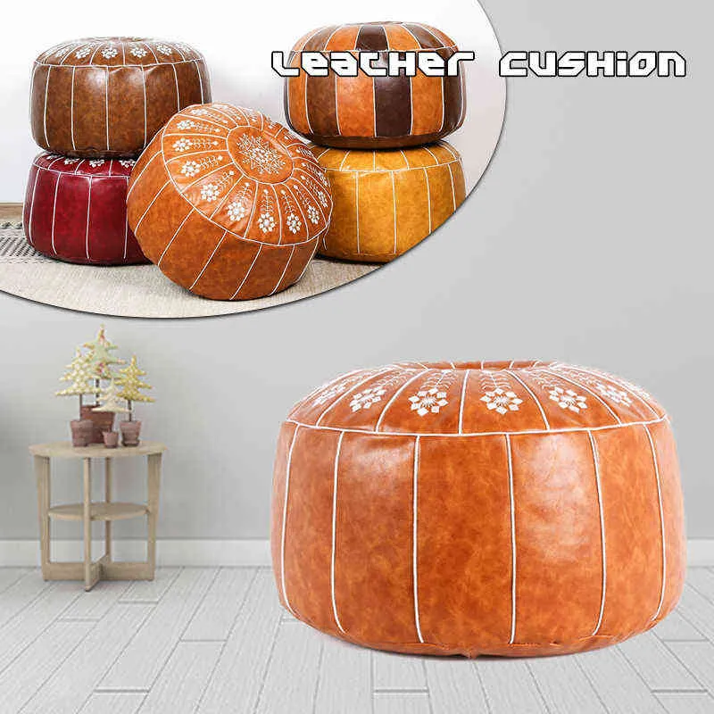 Nordic Style Moroccan Artificial Leather Pouf Craft Mandala Embroidery Ottoman Footstool Round Unstuffed Cushion Pillow 211110