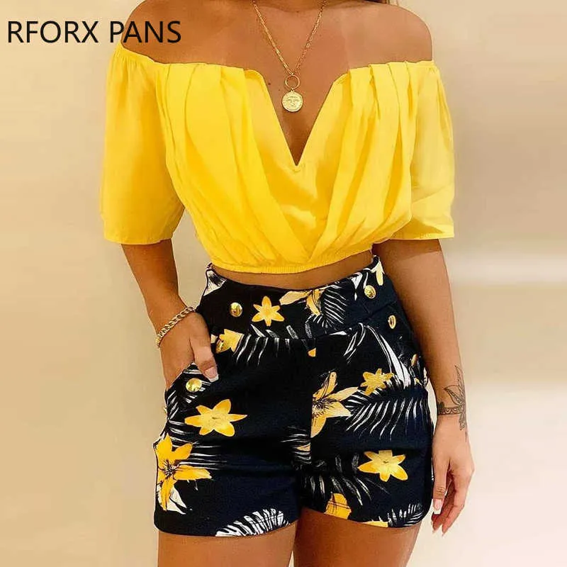 Frauen Off Shoulder Rüschen Top Tropical Print Shorts Set Zwei Stücke Set Y0702