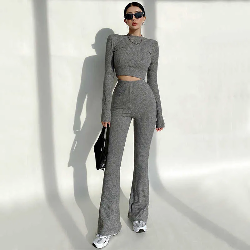 Frauen High Neck Ribbed Crop Top und Stretch-Taille Flare Rrousers Co-ord koreanische Pullover Tops + Hosen Set QW54 210603