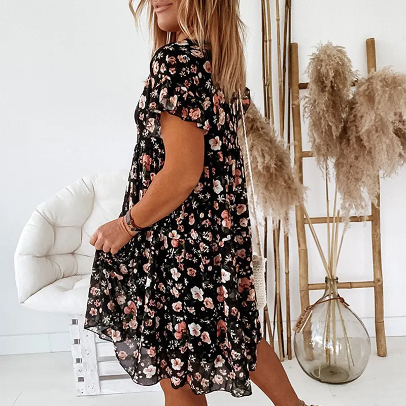 Foridol casual floral print zomerjurk ruche boho losse extra grote korte jurk o hals zwarte chiffon jurk kleding vrouwen 210415