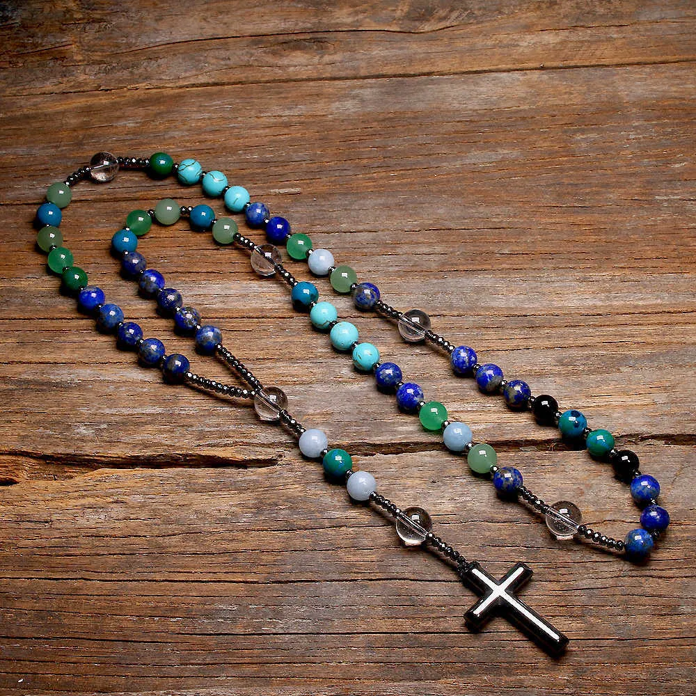 Naturel Lapis Lazuli Mala Perles Croix Catholique Christ Rosaire Colliers Hématite Pendentif Collier Pour Femmes Et Hommes 210721