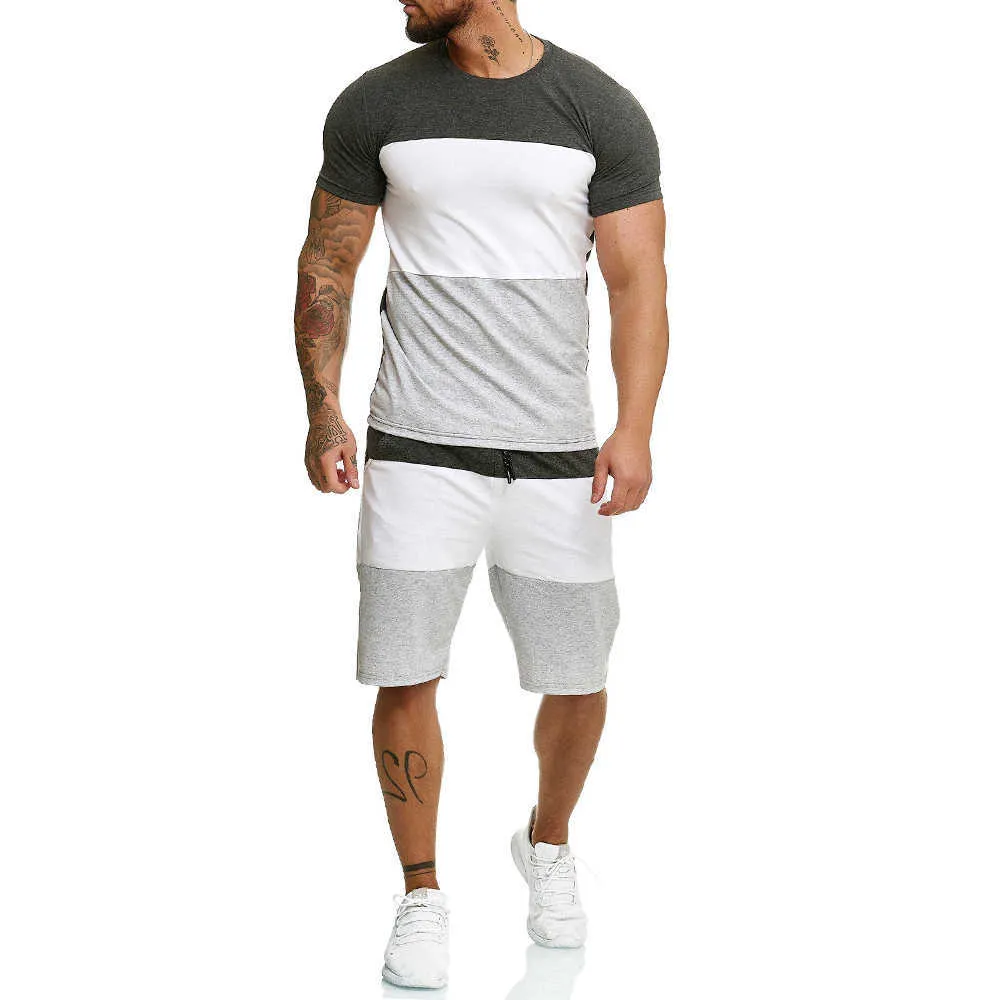 Vêtements pour hommes été Patchwork survêtement à manches courtes 2 pièces vêtements d'entraînement de sport hommes Shorts ensemble t-shirt et ensemble de shorts 210806