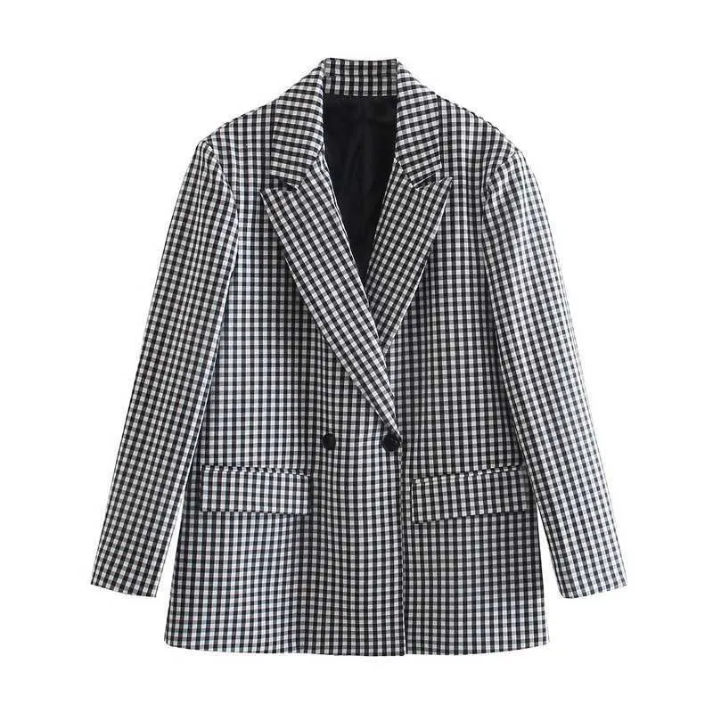 WIXRA Dames Plaid Double Breasted Blazer Vintage Coat Fashion Nute Kraag Lange Mouw Ol Dames Bovenkleding Klassieke Top 210930