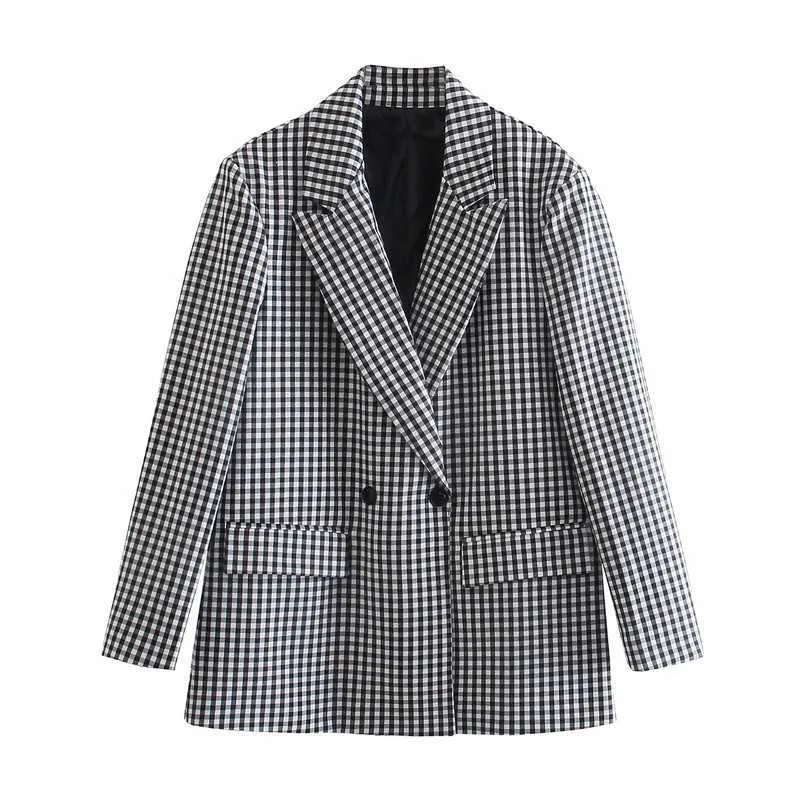 Wixra Kvinnor Plaid Double Breasted Blazer Vintage Coat Fashion Notched Collar Långärmad Ol Ladies OuterWear Classic Top 210930