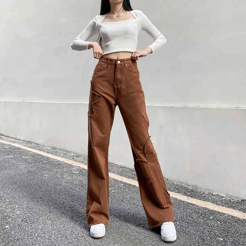 Kvinna jeans flare hög midja jeans kaffe denim streetwear vintage kvalitet mode hajuku raka byxor 210524