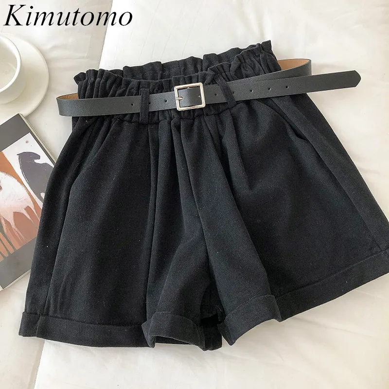 Kimutomo femmes élastique taille haute Shorts printemps corée Chic dames poches solides tout assorti avec ceintures jambes larges Shorts 210521