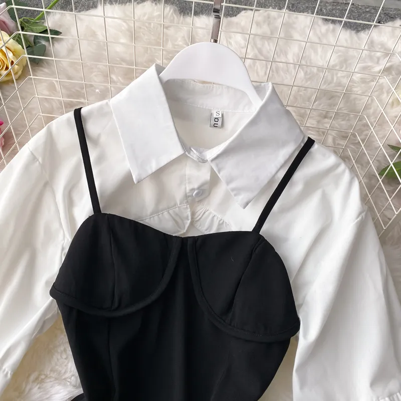 Korobov Franse temperament buis Top strap jurk slanke sexy a-line rok + lantaarn mouw korte shirt tweedelige pak 210430