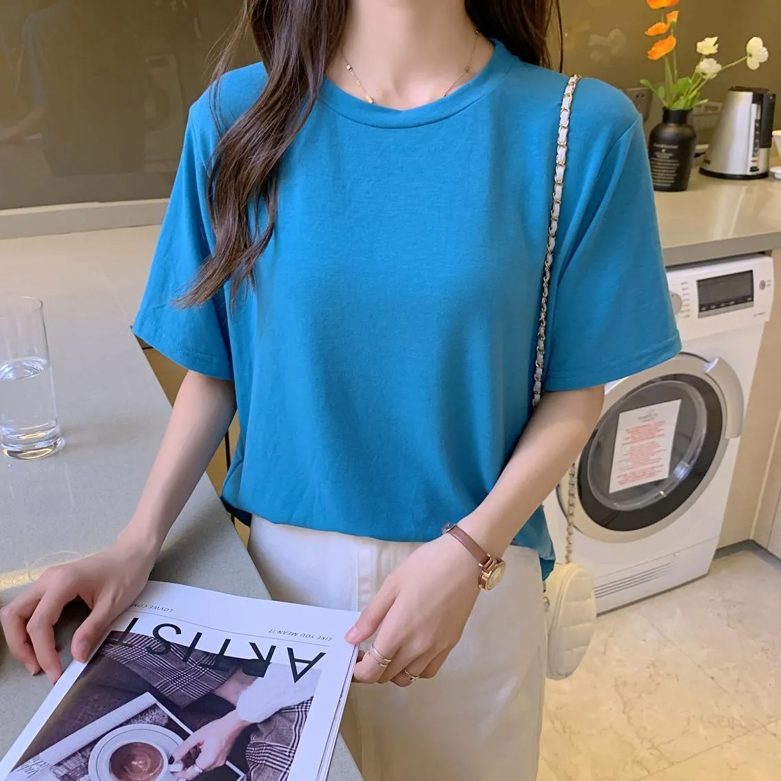 Make firm offers comfortable han edition lazy boyfriend wind joker cotton spring and summer round neck T shirt with sho 210520