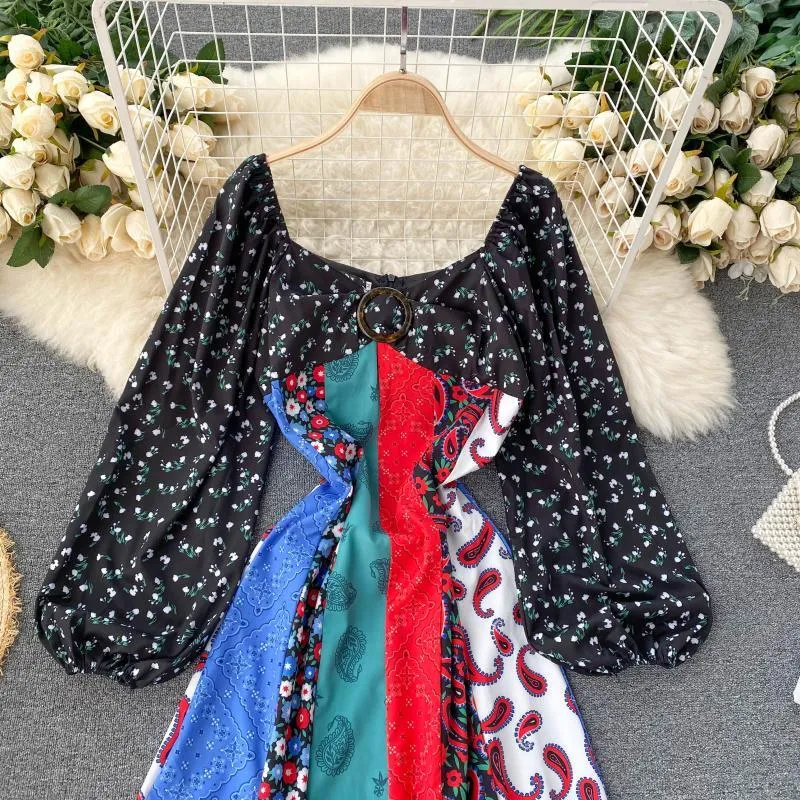 Women's Bohemia Patchwork Color Retro Printed Long Dress Lantern Sleeve square collar Temperament Style Female Vestidos PL585 210506