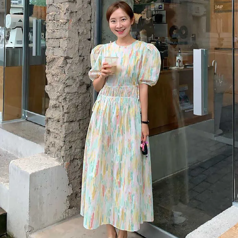 Korejpaa Women Dress Summer Korean Chic Western Style Watercolor Print Pleated Side Lace Back Button Puff Sleeve Vestidos 210526