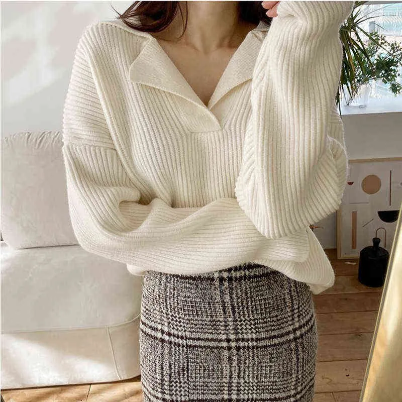 Genayooa Chic Turn-down Collar Sweater Women Solid Casual Knit Pullover Long Sleeve Autumn Winter Fashion Korean Jumper 211103