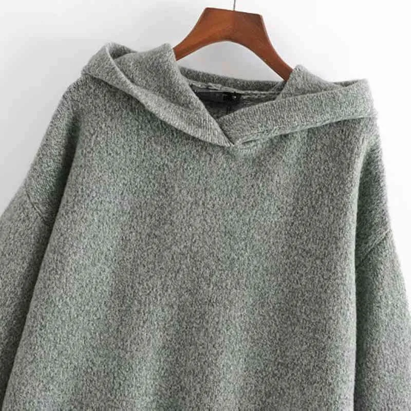 Casual Woman Grey Loose Hooded Sweaters Autumn Winter Fashion Ladies Soft Thick Pullover Girls Chic Oversized Knitwear 210515