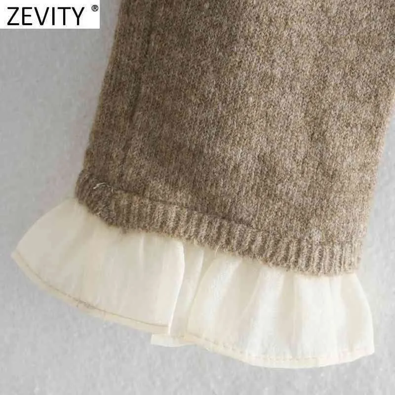 ZEVITY 여성 달콤한 주름 주름 칼라 패치 워크 뜨개질 스웨터 여성 긴 소매 캐주얼 세련된 풀오버 탑 S496 210419