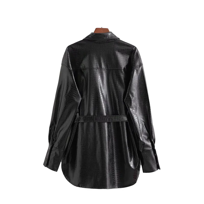 Cool kvinna svart lösa sashesjackor våren mode damer överdimensionerade läderrockar kvinnliga casual outwear 210515
