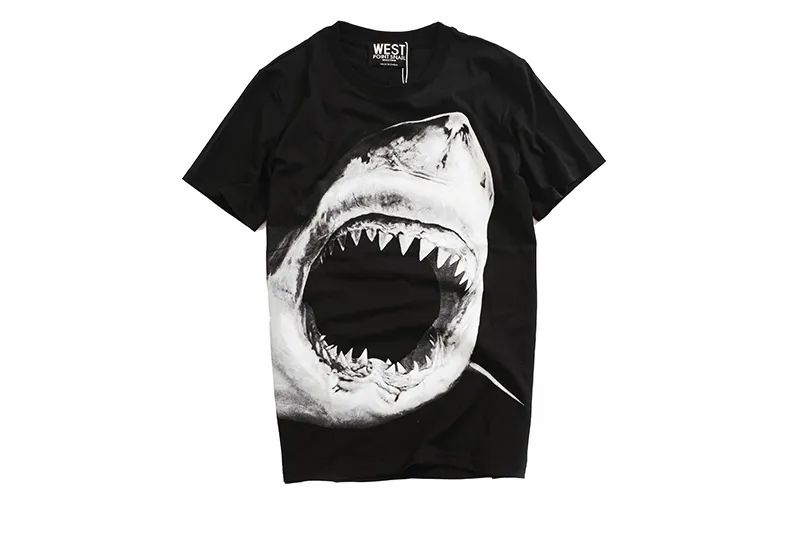 camiseta de los hombres de la moda de verano estampado de tiburones costura en blanco y negro elástico cuello redondo pareja suelta y cómoda de manga corta femenina S-XL # GVC0021