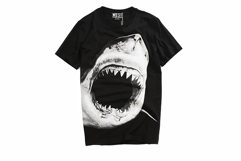 summer fashion men's T-shirt shark print black and white stitching elastic round neck couple loose and comfortable short-sleeved female S-XL#GVC0021