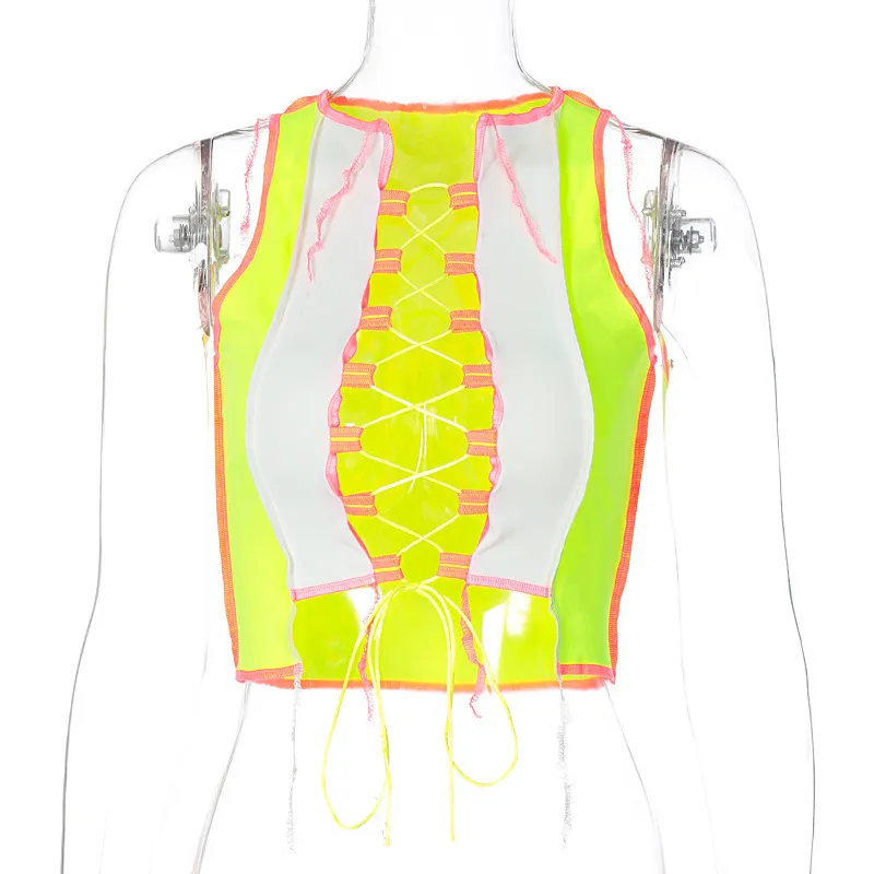 명암 민소매 패치 워크 붕대 섹시한 작물 탱크 탑 봄 여름 여성 패션 streetwear 복장 티셔츠 클럽 튜닉 210525