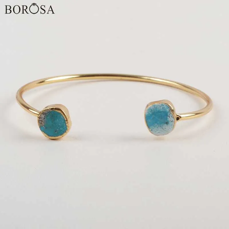 Borosa Bracelet manchette en pierre bleue naturelle couleur or irrégulier Bracelets Turquoises naturels pour femmes Bracelets charmes Cl260 Q07191702