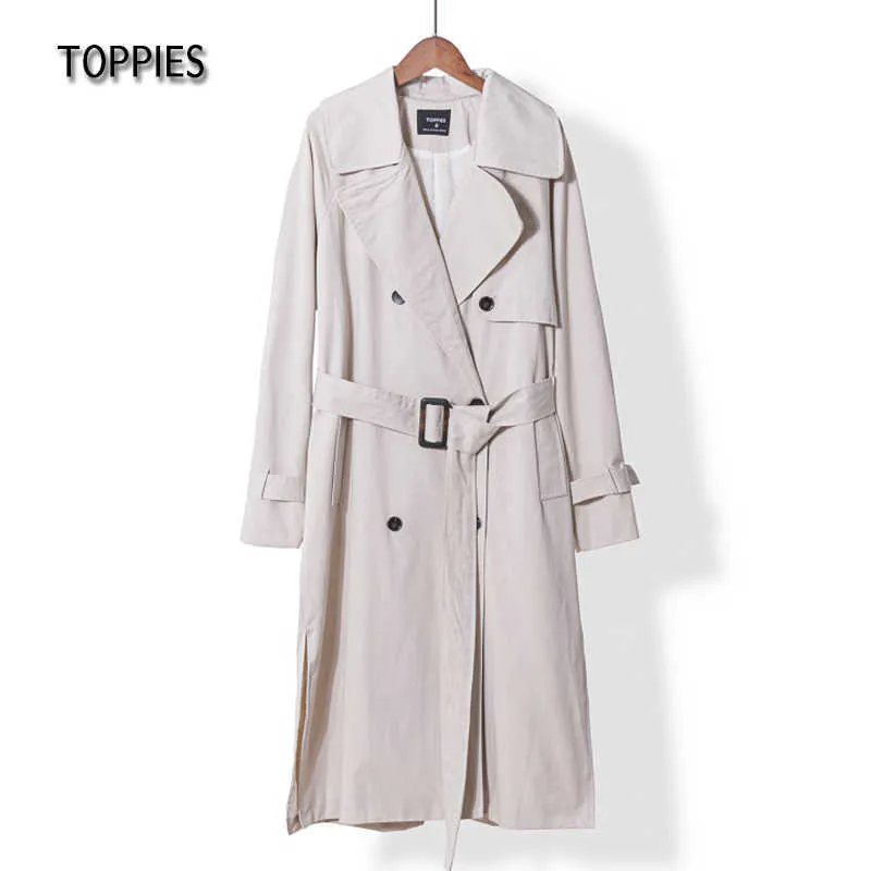 Toppies Long Trench Coat 100% coton Lâche Surdimensionné Femmes Double Boutonnage Ceinturé Lady Cape Coupe-Vent 210825