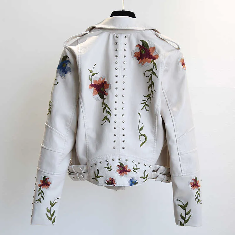 Yizzhoy Spring Autumn Floral Print Embroidery Faux Leather Jacket Women High Street Motorcycle Black Punk Outerwearバイカージャケット210916