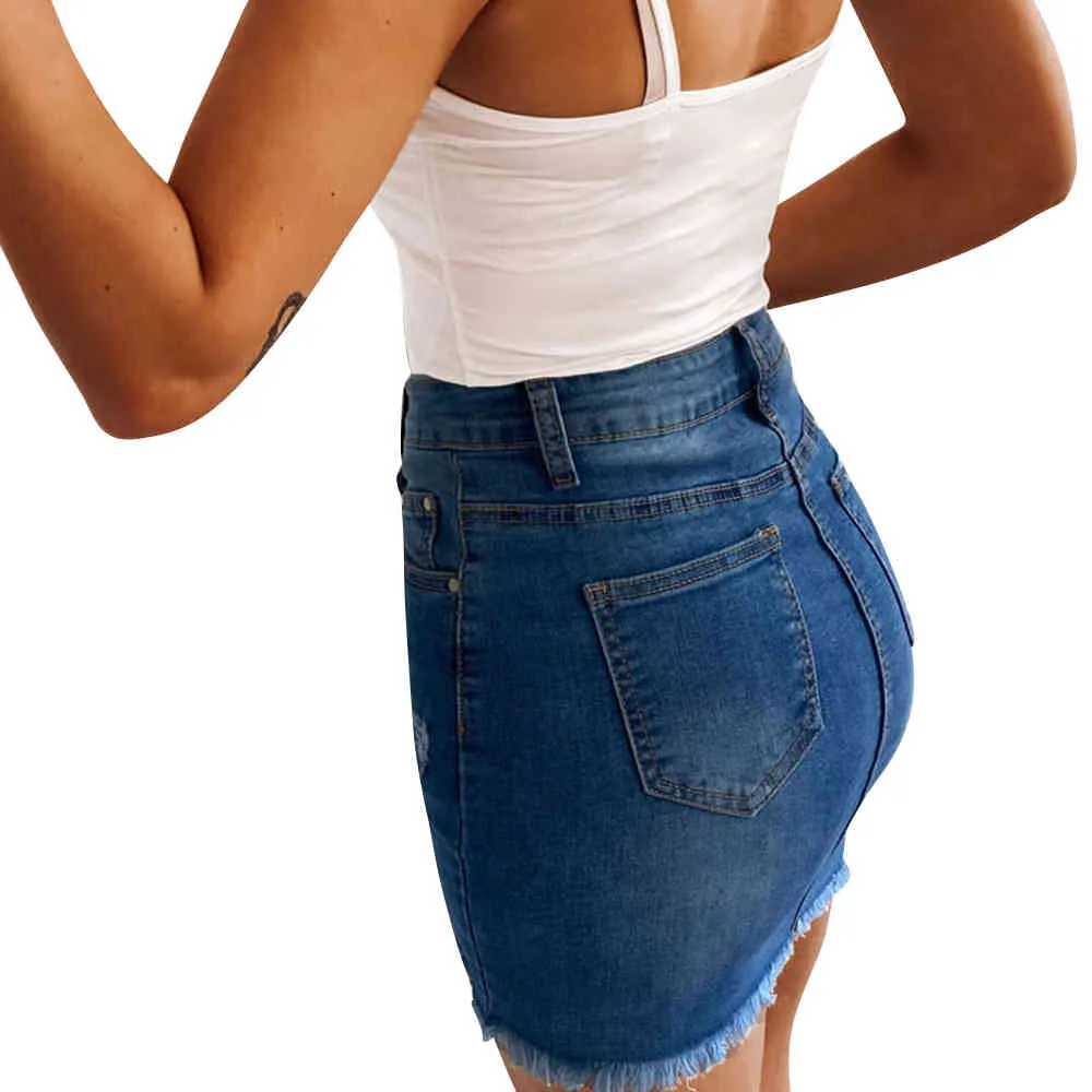 販売女性デニムストレッチ鉛筆カジュアルスカート女性夏セクシーな弾性ボディコンヒップ不規則な膝のトレンディなレトロなスカートD30 x0428