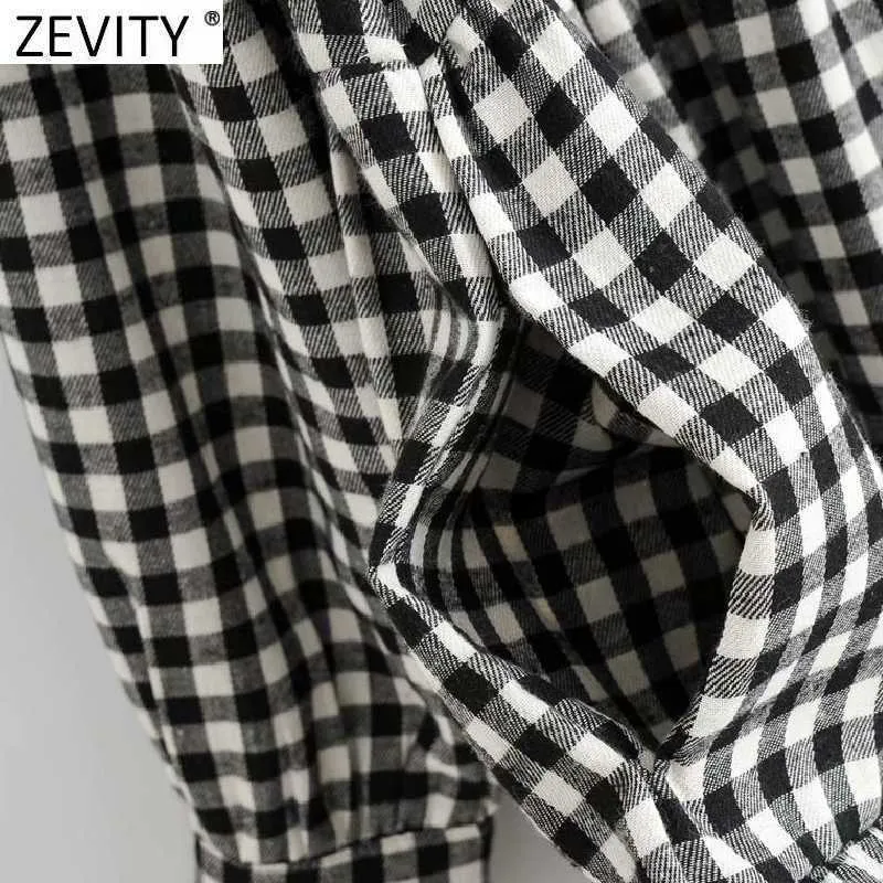 Zeefity Dames Mode Plaid Print Plooien Shirt Jurk Vrouwelijke Chic Puff Sleeve Zakken Casual Business Mini Vestido DS8315 210603