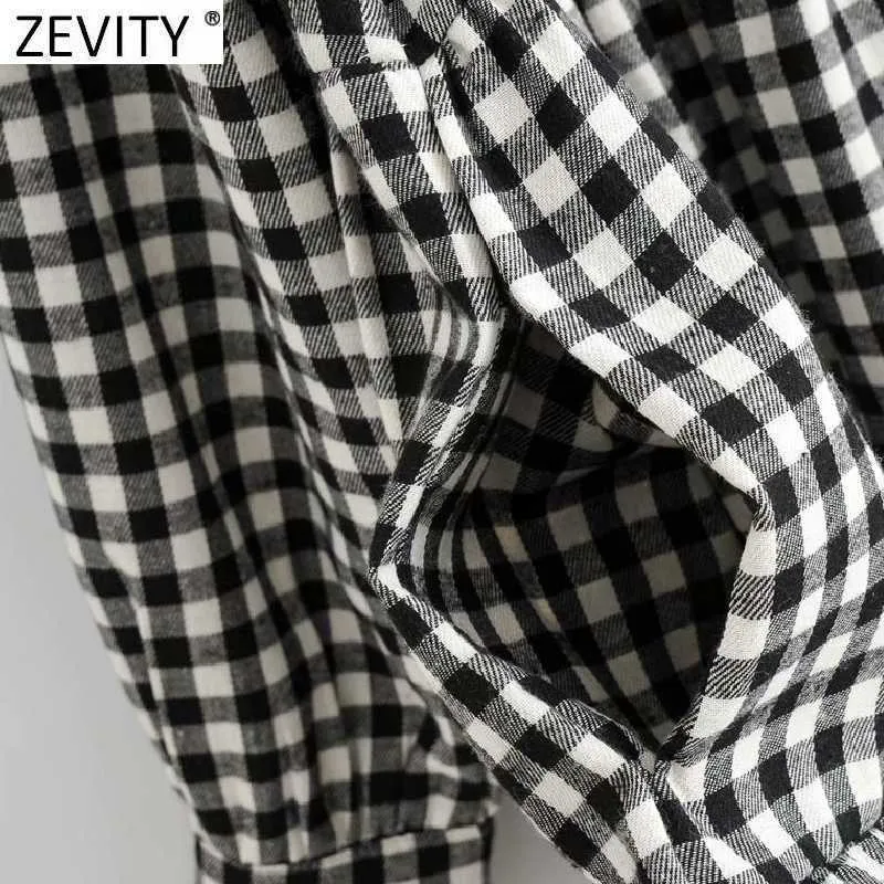 ZEVITY Kadın Moda Ekose Baskı Pleats Gömlek Elbise Kadın Chic Puf Kollu Cepler Rahat Iş Mini Vestido DS8315 210603