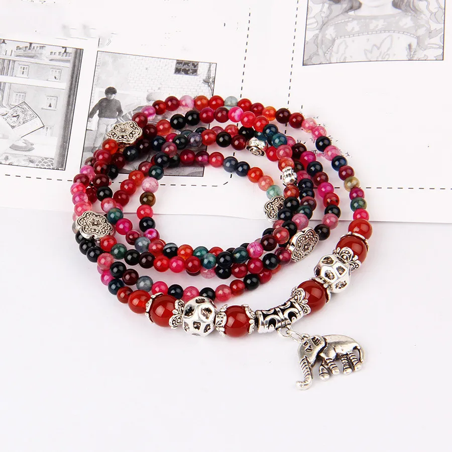 Natural Garnets Agate Strands Multilayer Baby Elephant Pendant Mix colors Beads Beaded Bracelet Fashion Jewellery Whole260v