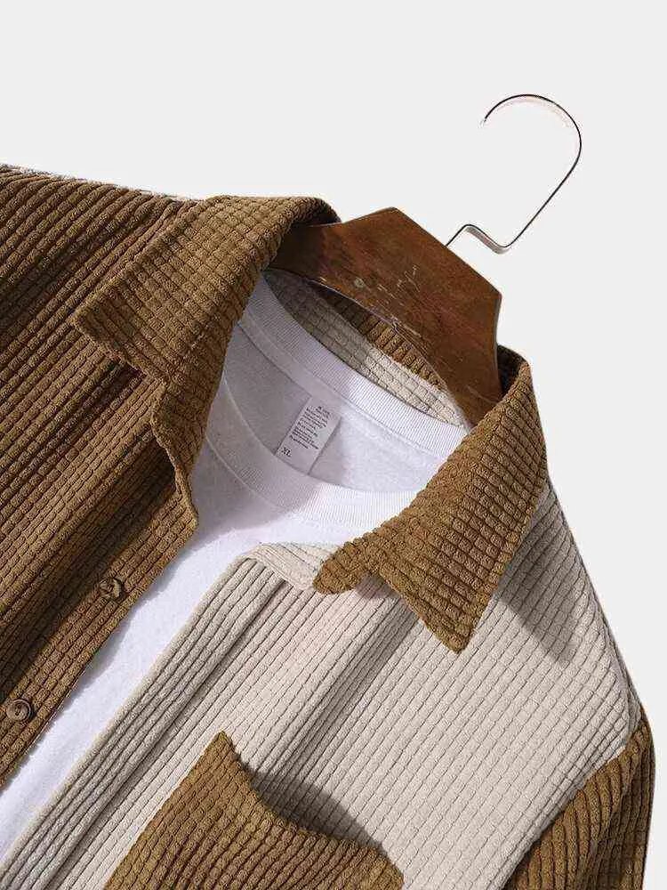 メンズコーデュロイセット夏のパッチワーク短袖ボタンソリッドカラーシャツショーツストリートウェアメンズ服sui222j