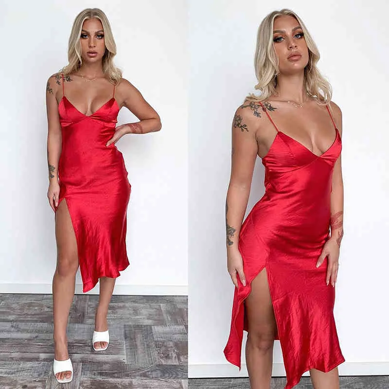 Sexy Seide Frauen Midi Kleid Fee Grunge Spaghetti Strap V-ausschnitt Ärmel Split Kleider Sommer Rot Elegante Party Outfits 210517