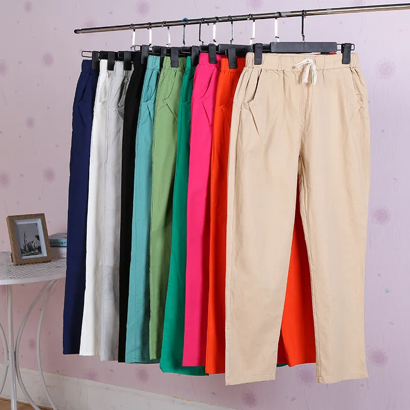 Calças femininas primavera verão harem calças de algodão linho sólido elástico cintura calças macia alta qualidade para ladys femininos 210524
