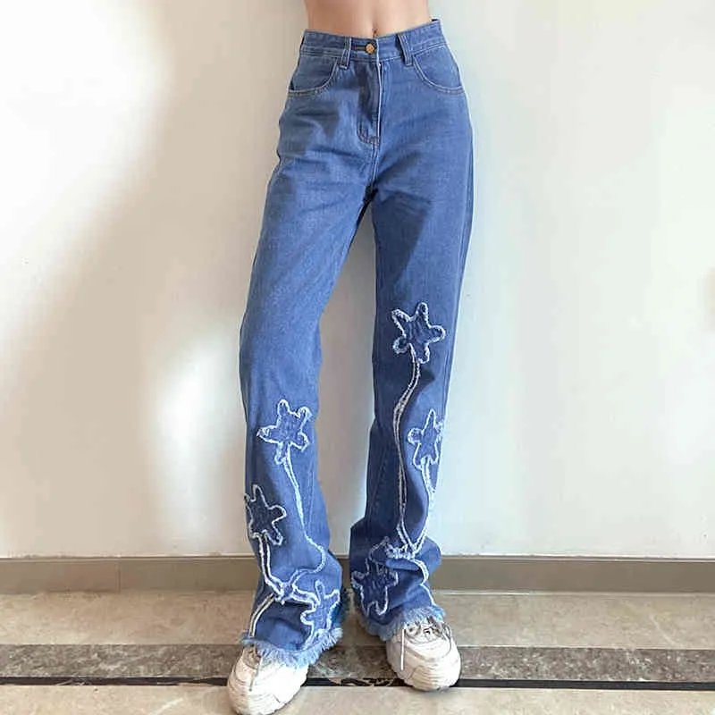 Blommig broderiery tofs blue y2k flare jeans för tjejer kvinnliga mode kvinnor vintage denim byxor hög midja byxa capri 210510