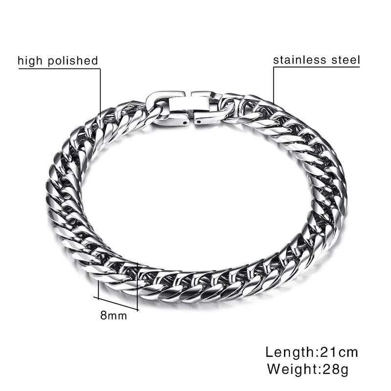 Łańcuch Link Miami Cuban Link Męska bransoletka w srebrnym odcieniu ze stali nierdzewnej ciężka opaska pulseira bileleklik męska biżuteria 8-14 mm 21-248S