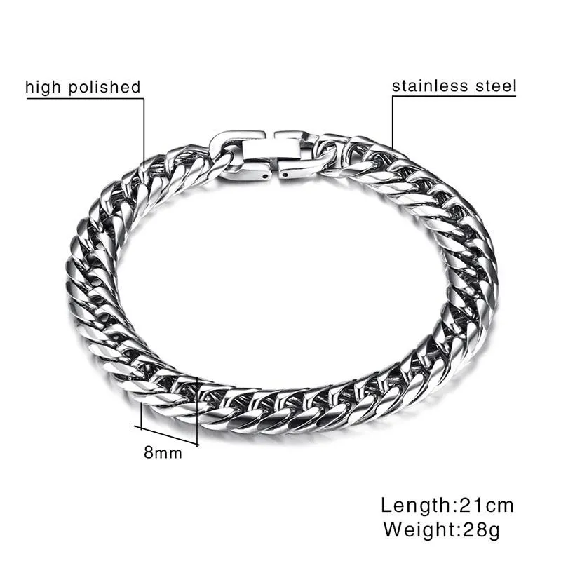 Link Chain Miami Cuban Link Mens Armband i silver ton rostfritt stål tungt armband pulseira bileklik manliga smycken 8-14 mm 21-292m
