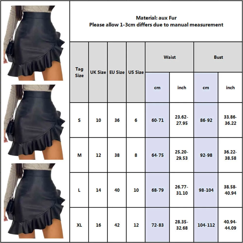 Sexy Bodycon Skirts Women Pu Leather Party Skirt Fashion Solid Irregular Faux Leather Skirt Female Ruffles Pencil Skirts D30 X0428