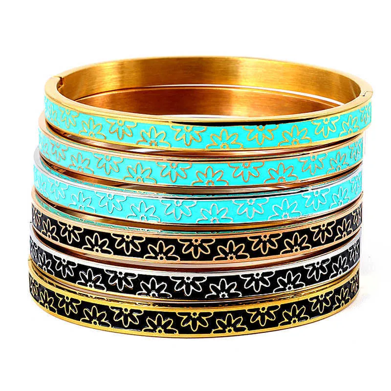 Bijoux de mode Noir Bleu Émail Fleurs Bracelets Bracelets pour Femmes Bracelets En Or En Acier Inoxydable Partie Boucle Amant Bracelets Q0719