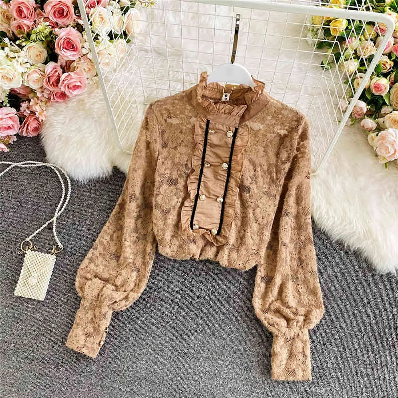 Spring Autumn Fashion Temperament Stand-up Collar Wooden Ears Brushed Lace Shirt Women's Hollow Bottoming Top C089 210506