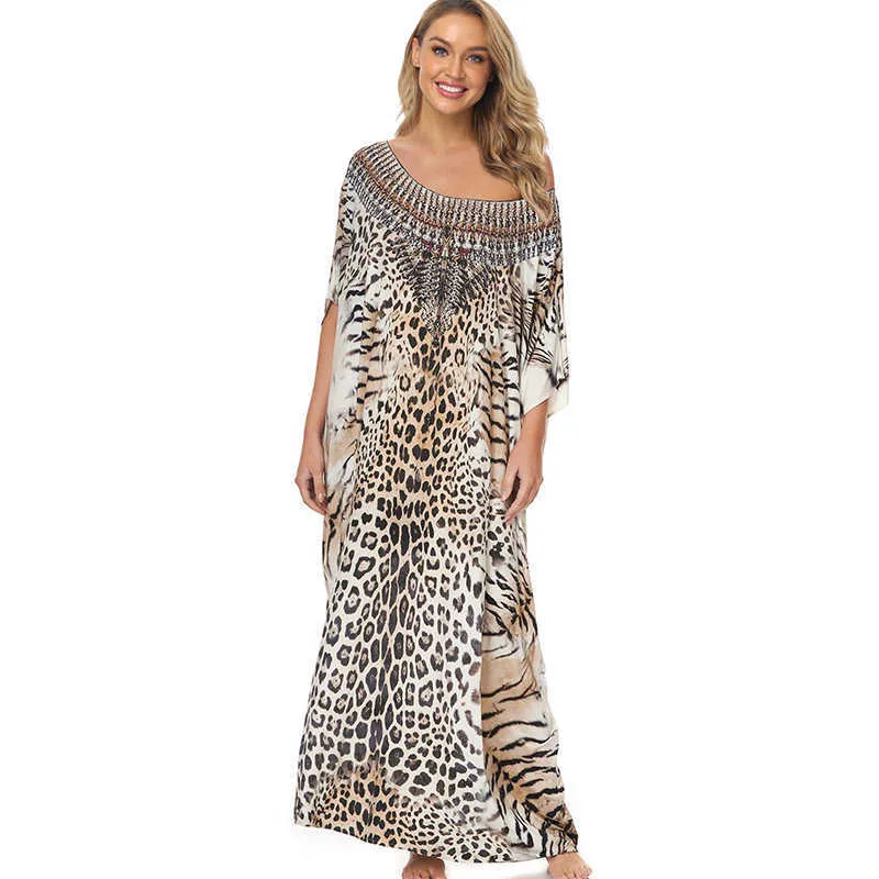 Leopard Imprimir Swimsuit Cobertura Plus Size Bohemian Maxi Dress Pareos de Playa Mujer Kaftan Sarong Túnica para Praia Swimwear 210722